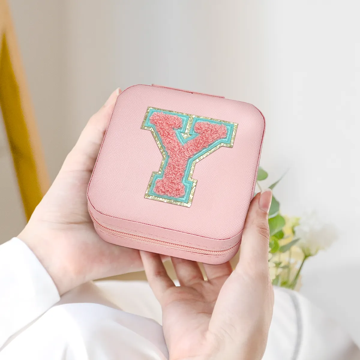 Personalized Jewelry Box, Pink Travel Jewelry Box with Initial Y, Small Monogrammed Jewelry Case Organizer for Girls Women Teen Kids, Mini Travel Essentials Gifts for Birthday Christmas