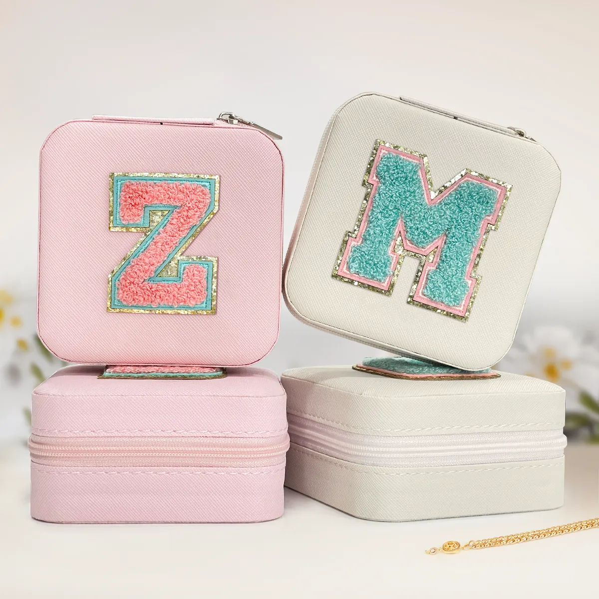 Personalized Jewelry Box, Pink Travel Jewelry Box with Initial Z, Small Monogrammed Jewelry Case Organizer for Girls Women Teen Kids, Mini Travel Essentials Gifts for Birthday Christmas