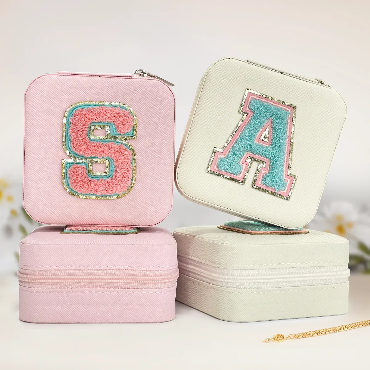 Personalized Jewelry Box, White Travel Jewelry Box with Initial A, Small Monogrammed Jewelry Case Organizer for Girls Women Teen Kids, Mini Travel Essentials Gifts for Birthday Christmas