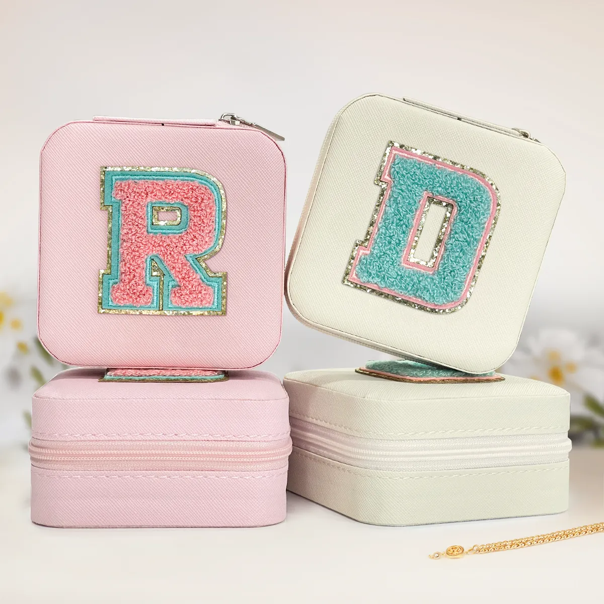 Personalized Jewelry Box, White Travel Jewelry Box with Initial D, Small Monogrammed Jewelry Case Organizer for Girls Women Teen Kids, Mini Travel Essentials Gifts for Birthday Christmas