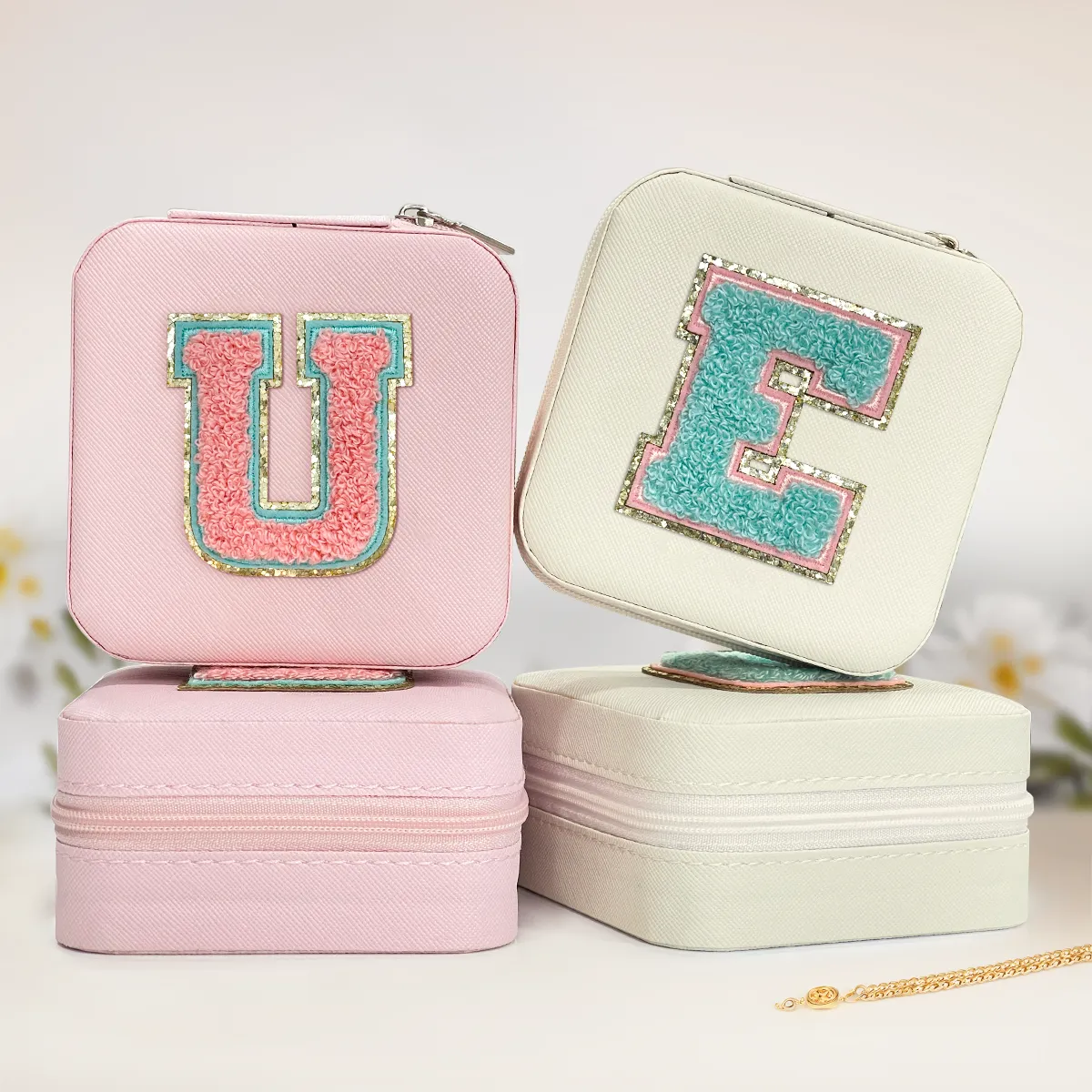 Personalized Jewelry Box, White Travel Jewelry Box with Initial E, Monogrammed Small Jewelry Case Organizer for Girls Teen Tween Kids Women, Mini Travel Essentials Gifts for Birthday Christmas