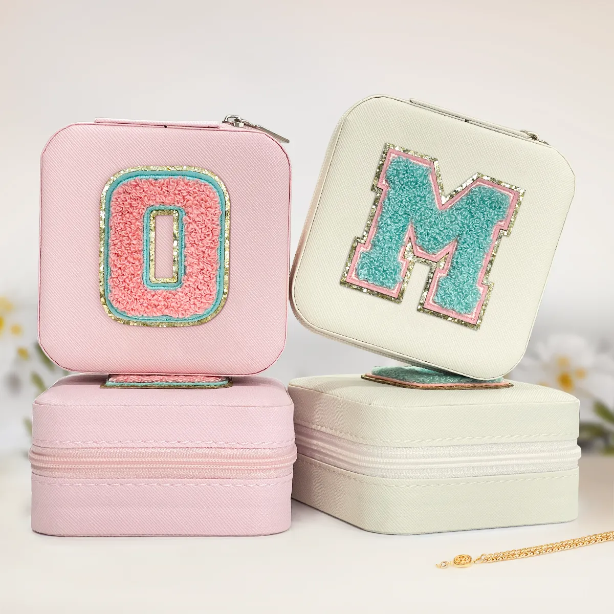 Personalized Jewelry Box, White Travel Jewelry Box with Initial M, Small Monogrammed Jewelry Case Organizer for Girls Women Teen Kids, Mini Travel Essentials Gifts for Birthday Christmas