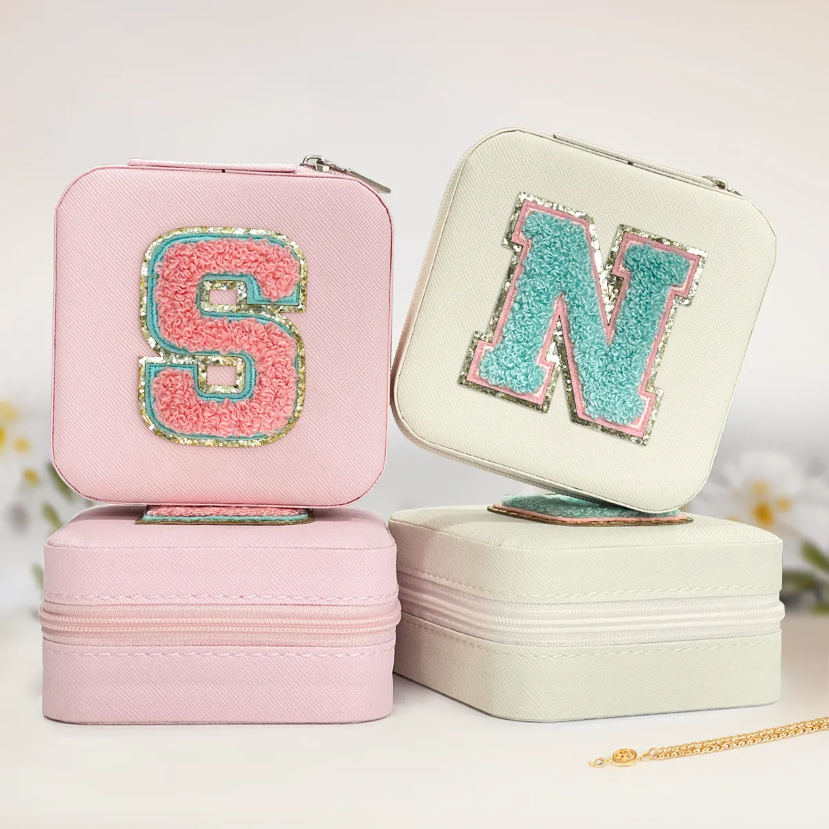 Personalized Jewelry Box, White Travel Jewelry Box with Initial N, Small Monogrammed Jewelry Case Organizer for Girls Women Teen Kids, Mini Travel Essentials Gifts for Birthday Christmas