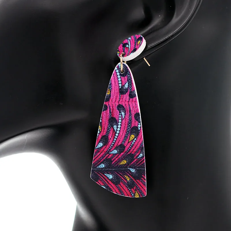 Pink Peacock Print Wooden Dangle Earrings