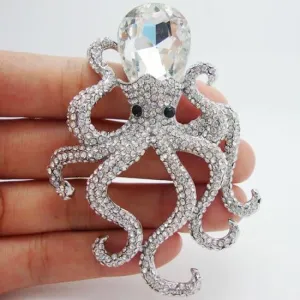 Pretty Elegant Octopus Clear Rhinestone Crystal  Silver-plated Brooch Pins Pendant Unique Gifts for girl
