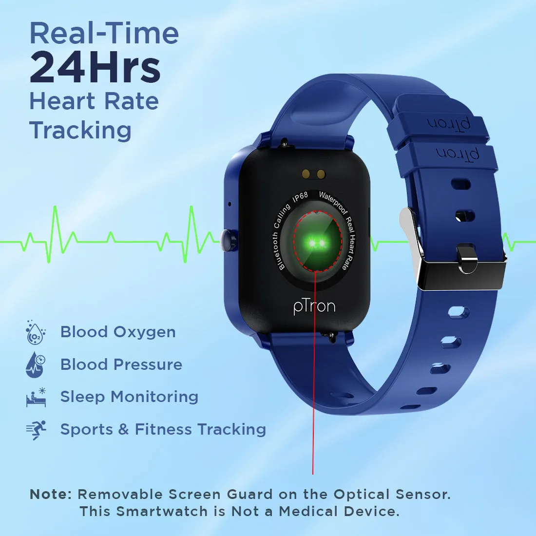 pTron Force X11 Bluetooth Calling Smartwatch with 4.3 cm Full Touch Color Display, Real 24/7 Heart Rate Tracking, Multiple Watch Faces, 7Days Runtime, Health/Fitness Trackers & IP68 Waterproof (Blue)