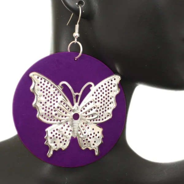 Purple Silver Wooden Butterfly Dangle Earrings