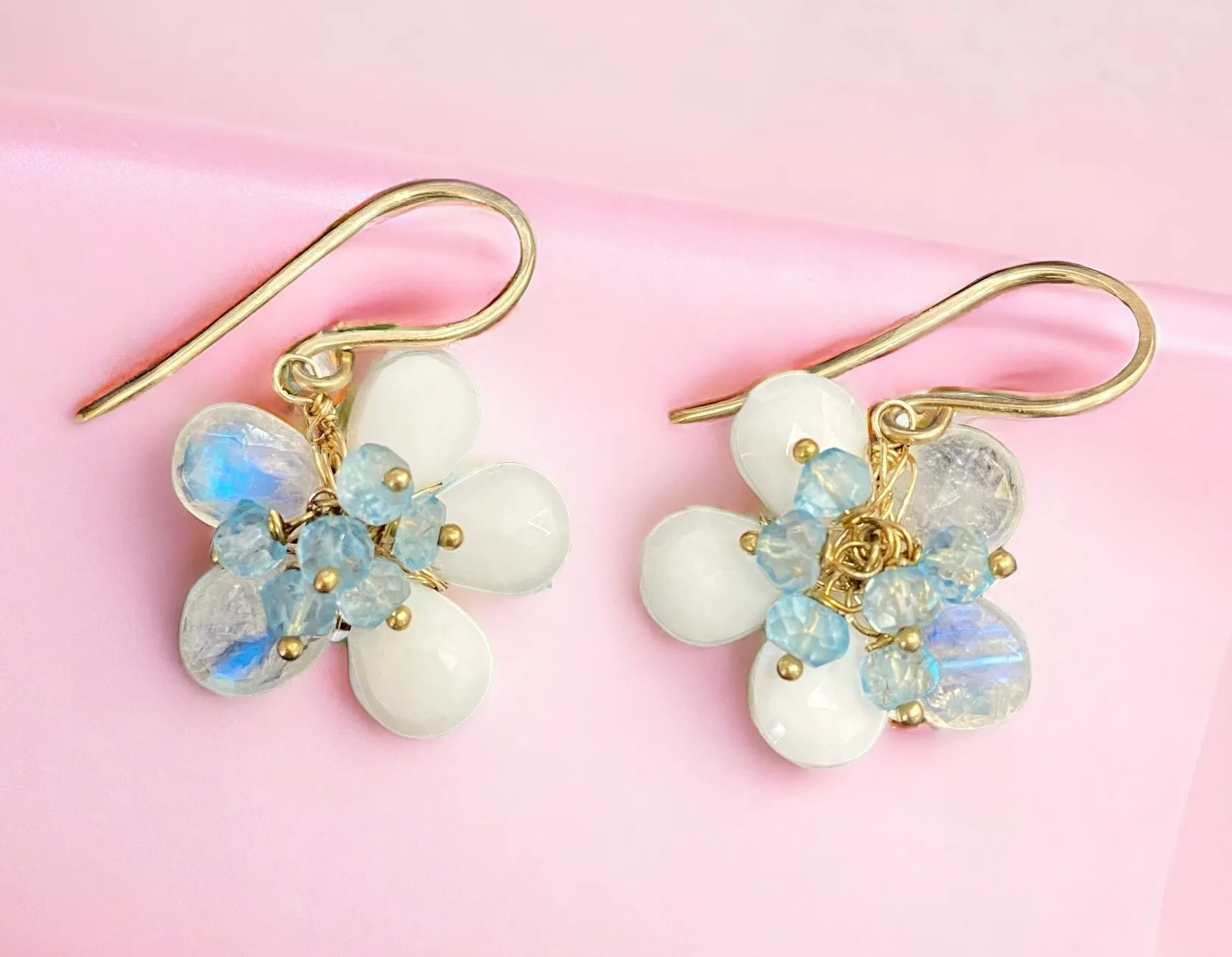 Rainbow Moonstone White Agate Flower Earrings
