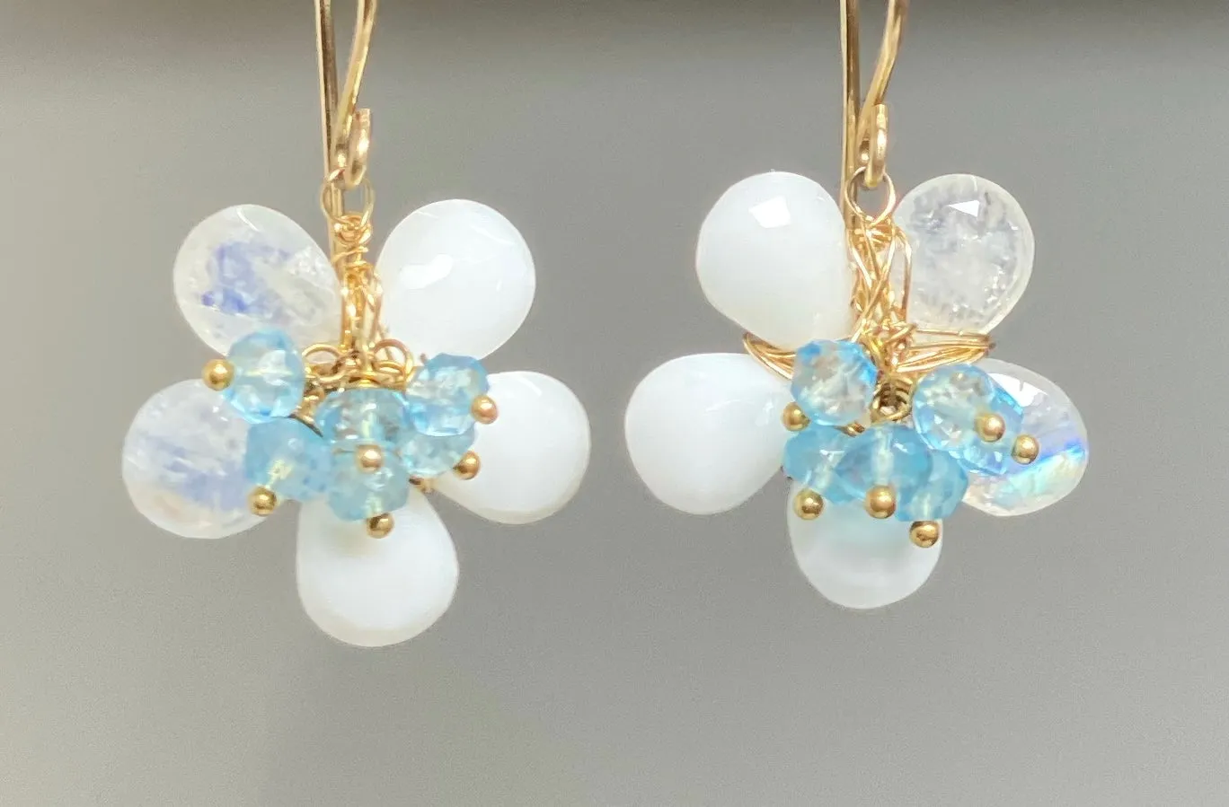 Rainbow Moonstone White Agate Flower Earrings