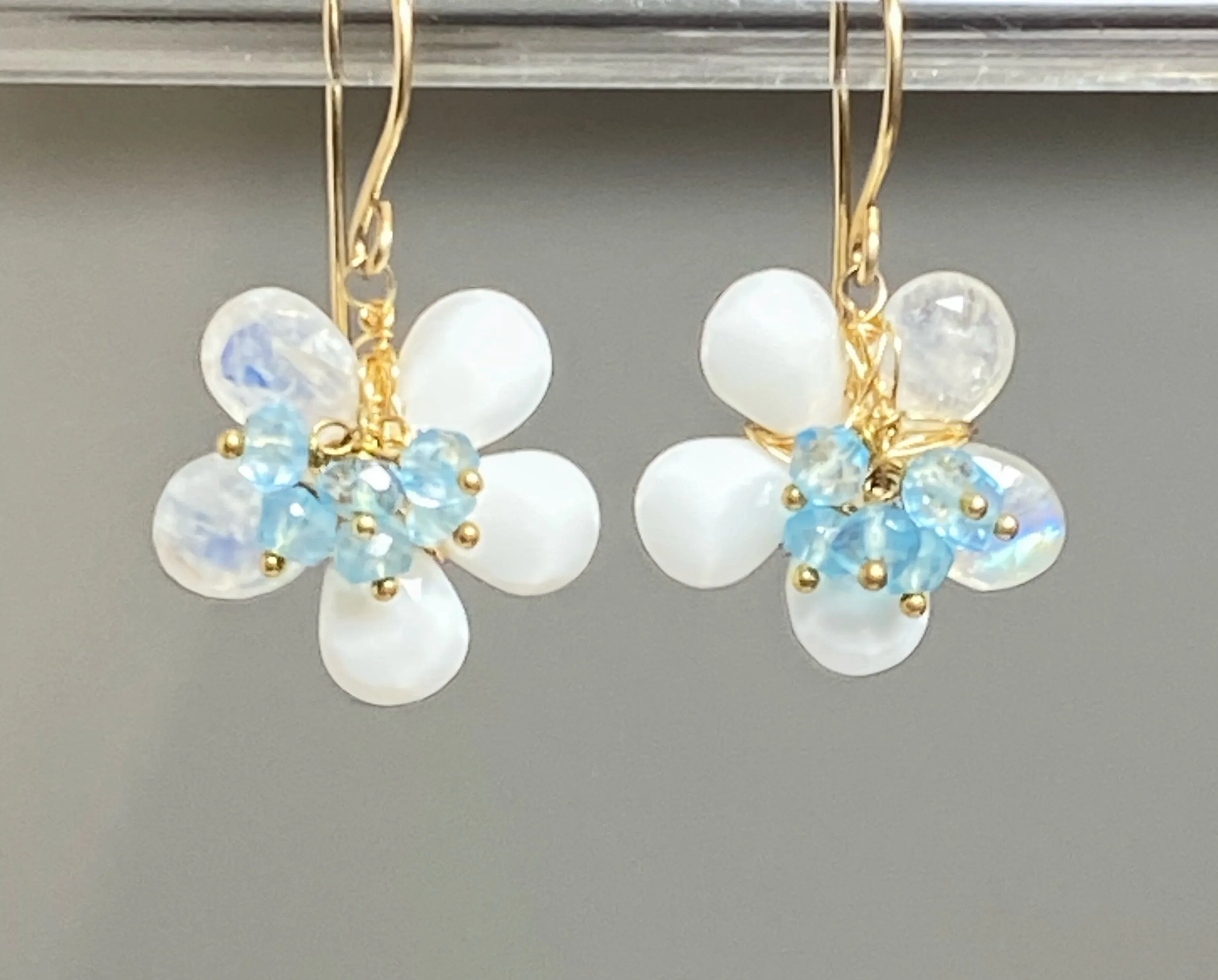 Rainbow Moonstone White Agate Flower Earrings