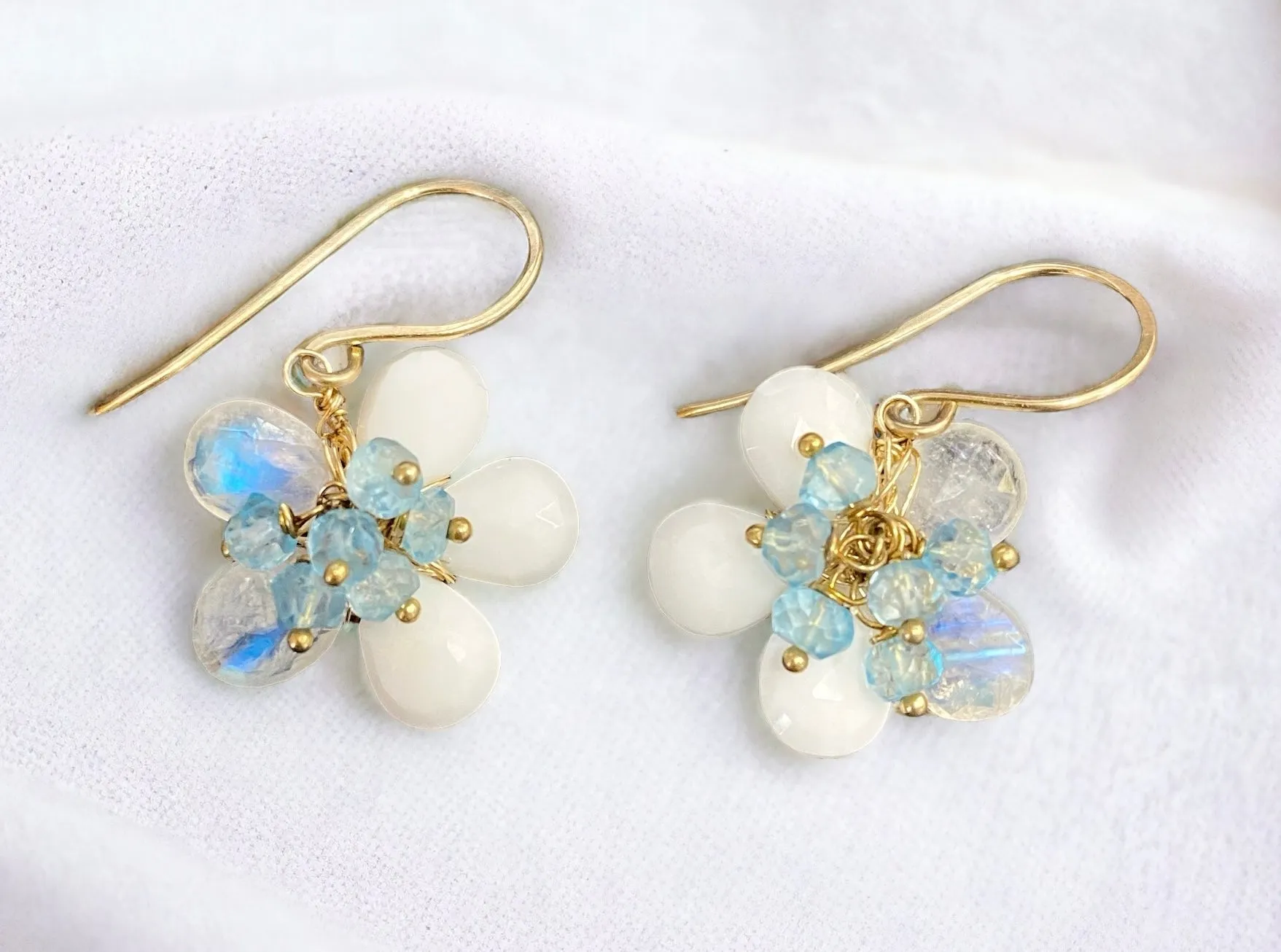 Rainbow Moonstone White Agate Flower Earrings