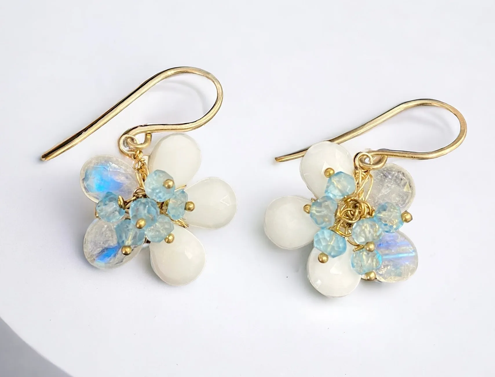 Rainbow Moonstone White Agate Flower Earrings