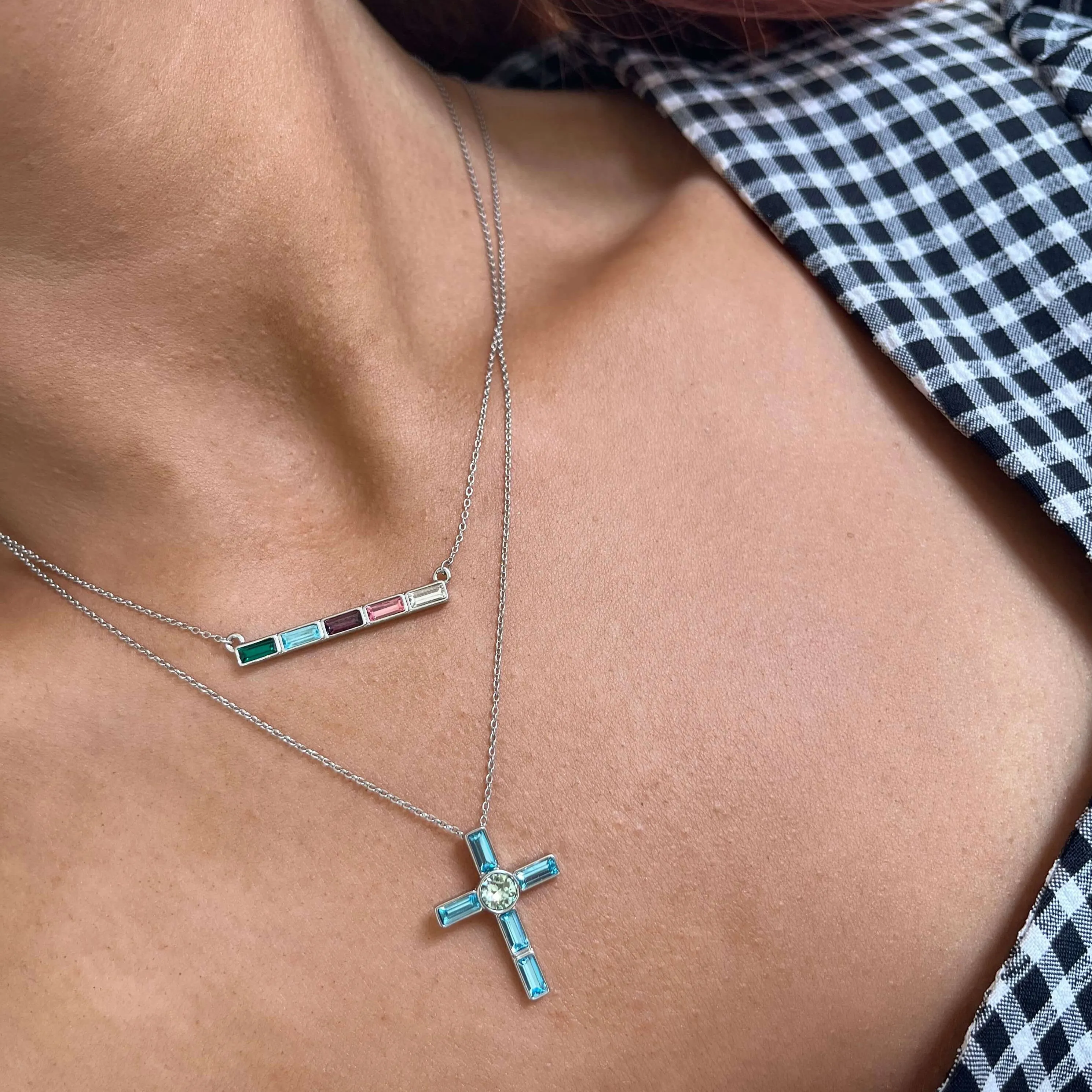 Rebecca Judith Silver Jewelled Bar Necklace