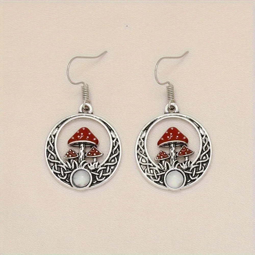 Red Mushrooms Round Dangle Earrings Birthday Gift Anniversary