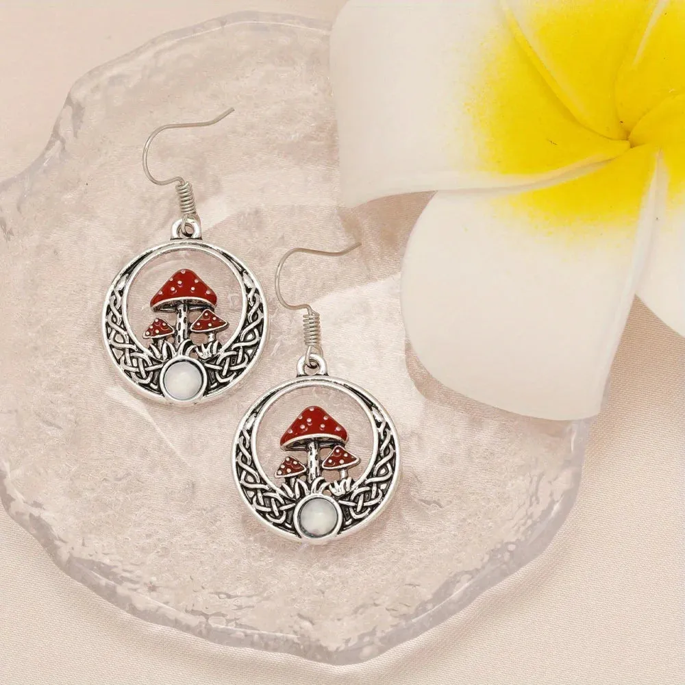Red Mushrooms Round Dangle Earrings Birthday Gift Anniversary