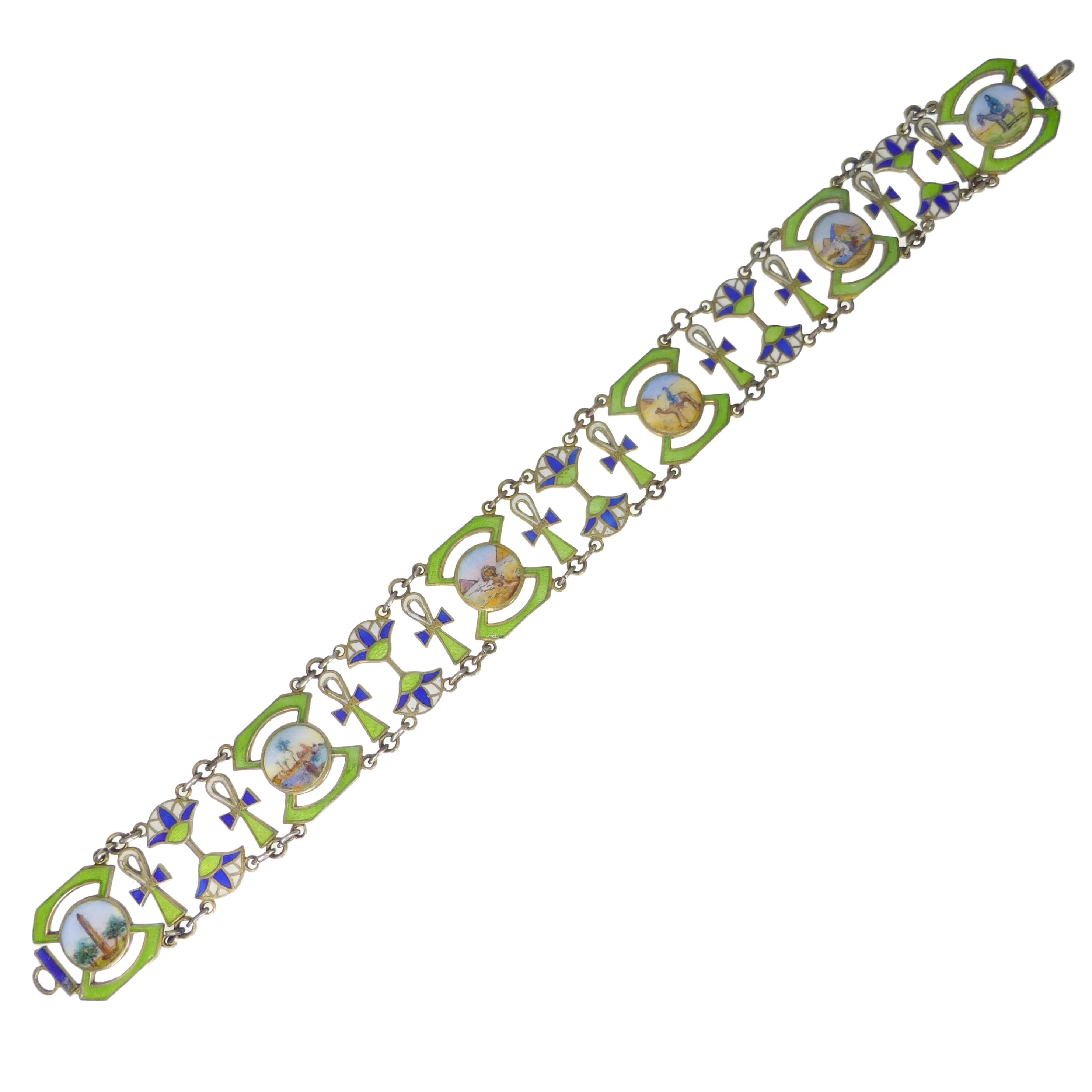 Reserved | Antique Silver Gilt Egyptian Revival Enamel Panel Bracelet