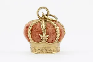 Retro 14K Gold & Pink Velvet Royal Crown Charm / Pendant