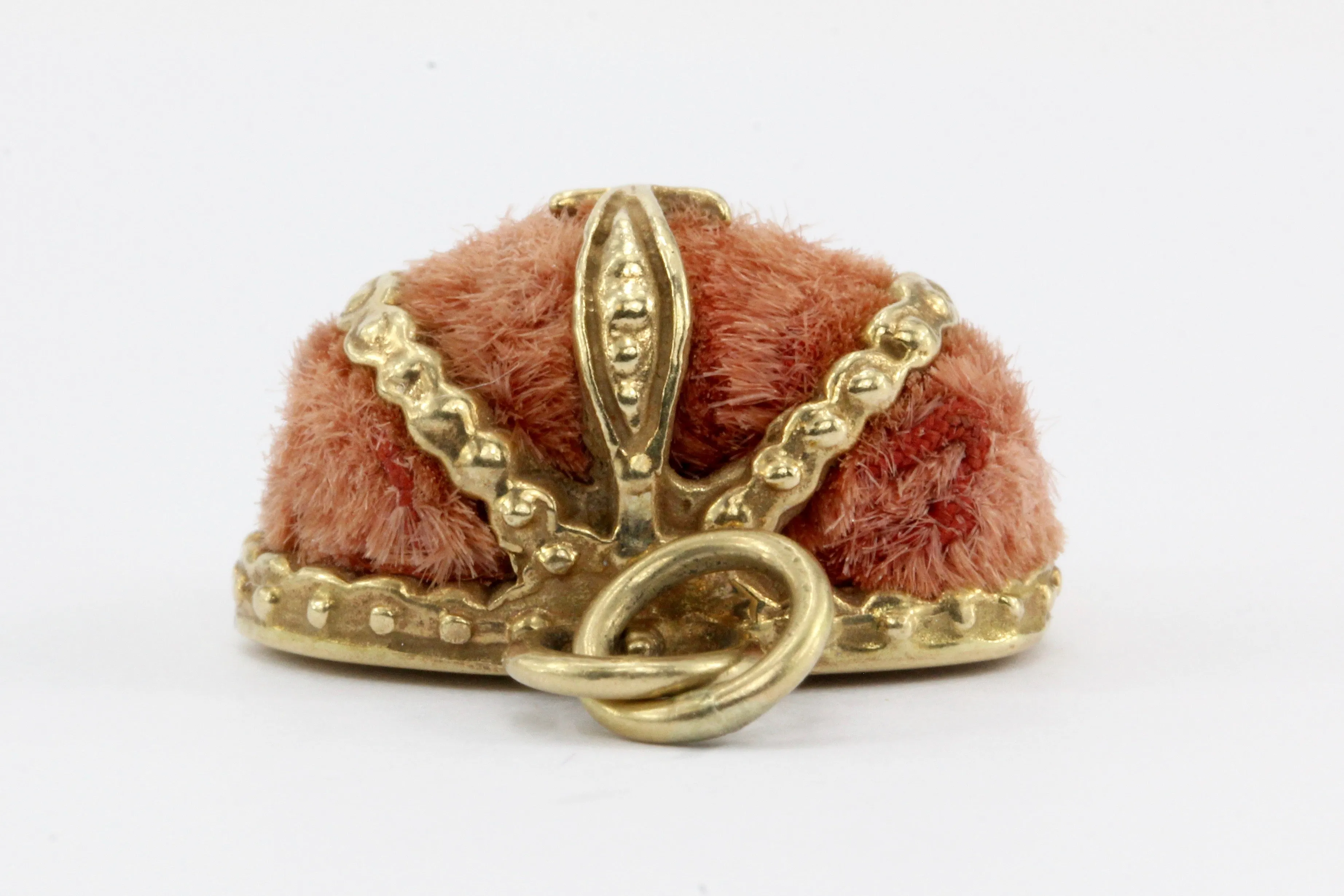 Retro 14K Gold & Pink Velvet Royal Crown Charm / Pendant