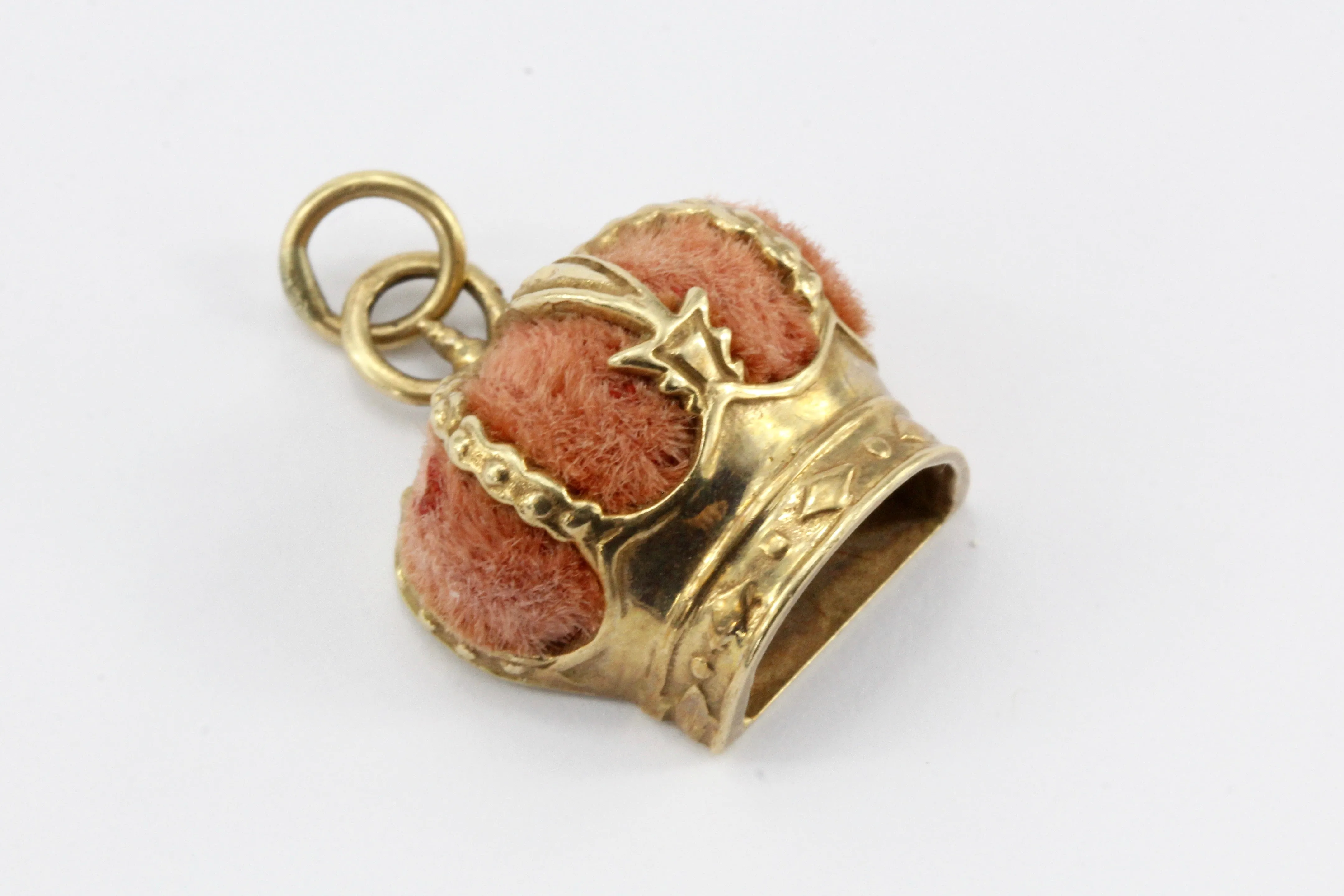 Retro 14K Gold & Pink Velvet Royal Crown Charm / Pendant
