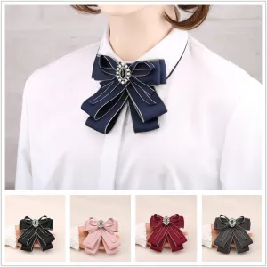 Retro Handmade Ribbon Bow Tie Brooch Cloth Art Pearl Brooches for Women College Style Ladies Shirt Collar Pins Fashion Jewelry