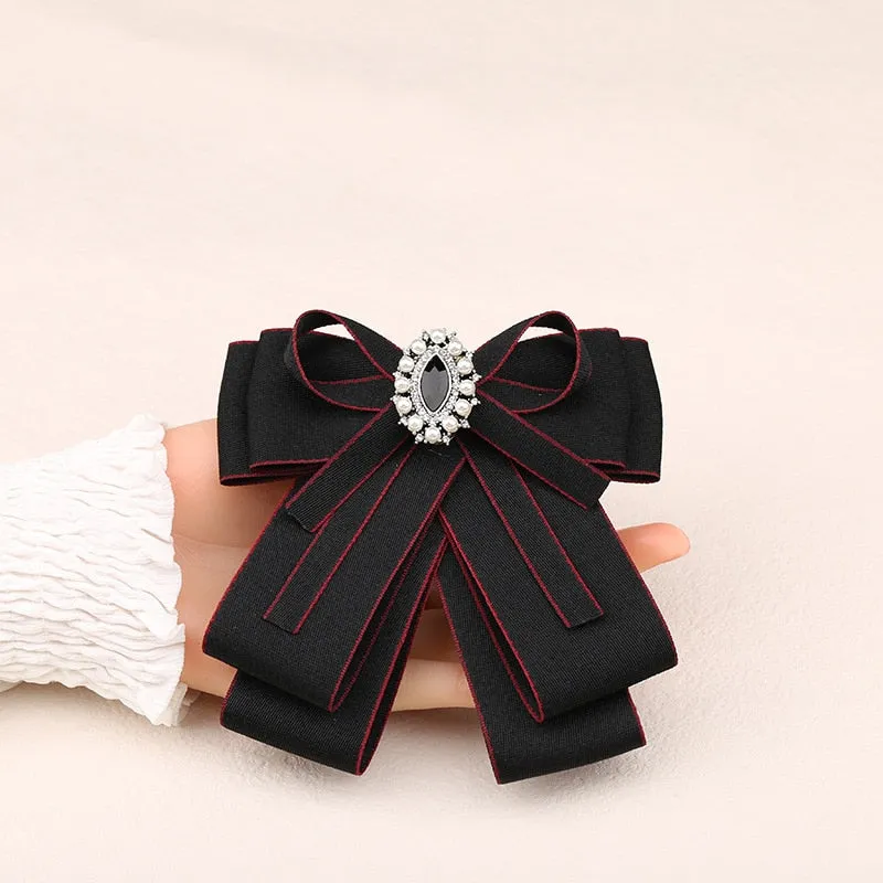Retro Handmade Ribbon Bow Tie Brooch Cloth Art Pearl Brooches for Women College Style Ladies Shirt Collar Pins Fashion Jewelry