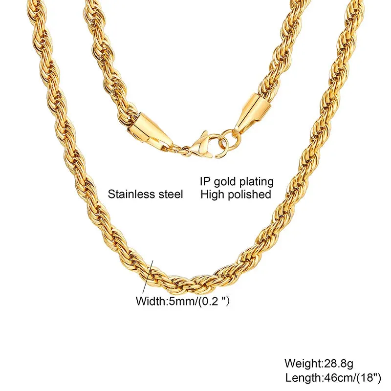 Rope Chain Necklace, Stainless Steel Twisted Rope Link Chain