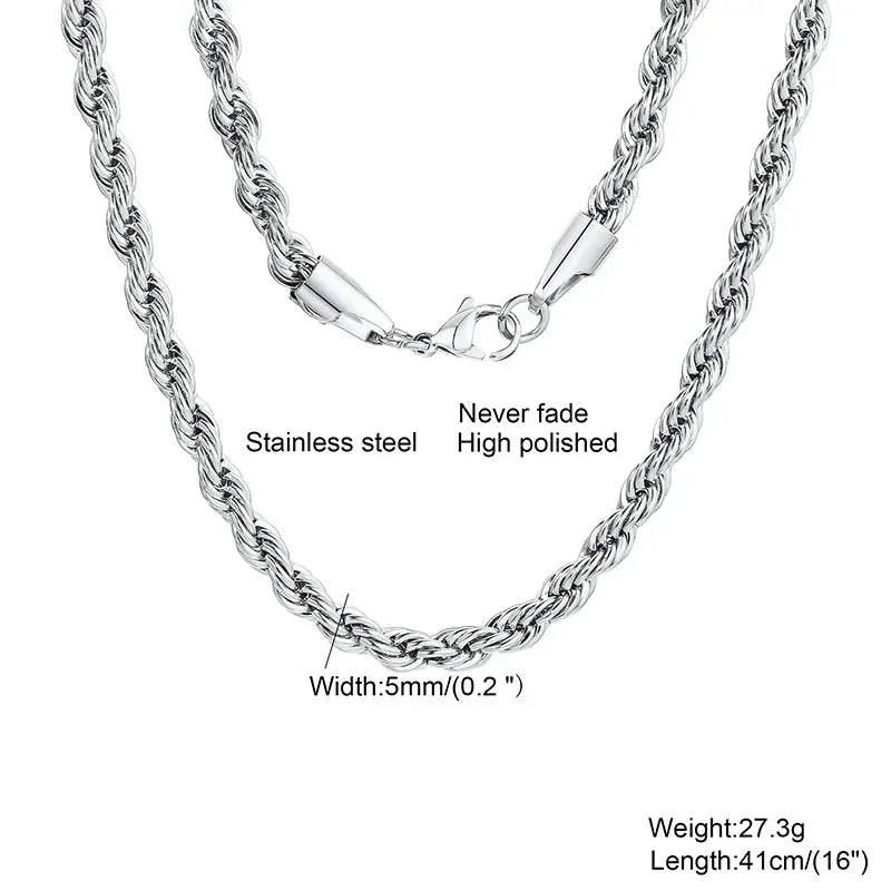 Rope Chain Necklace, Stainless Steel Twisted Rope Link Chain