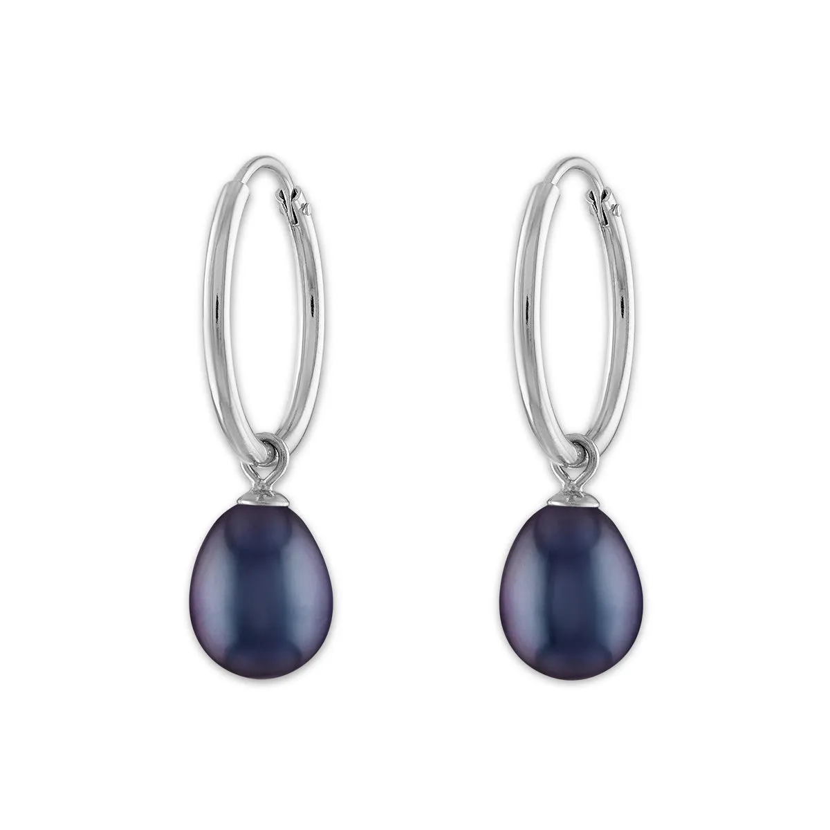Round Pearl Hoop Drop & Dangle 6-7.5MM Black Earrings in Rhodium Plated Sterling Silver