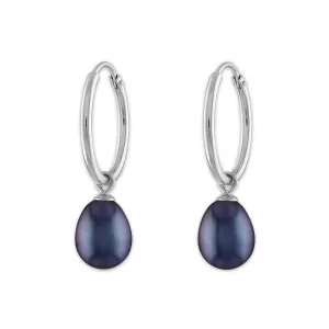 Round Pearl Hoop Drop & Dangle 6-7.5MM Black Earrings in Rhodium Plated Sterling Silver