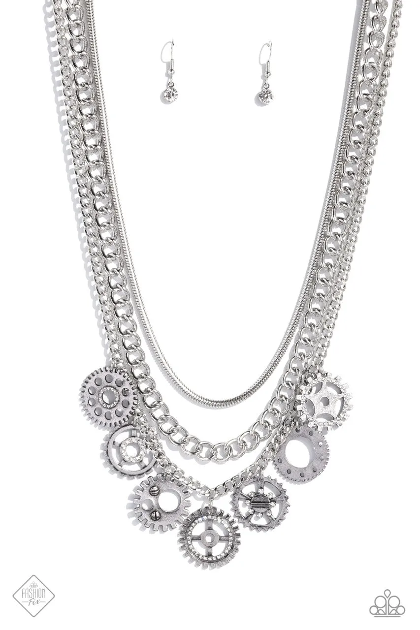 Running Out of STEAMPUNK - White - Gear Pendant White Rhinestone Tiered Paparazzi Short Necklace - April 2023 Magnificent Musings