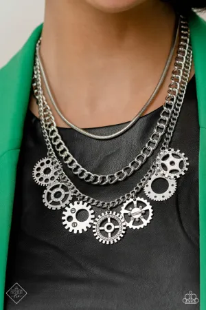 Running Out of STEAMPUNK - White - Gear Pendant White Rhinestone Tiered Paparazzi Short Necklace - April 2023 Magnificent Musings