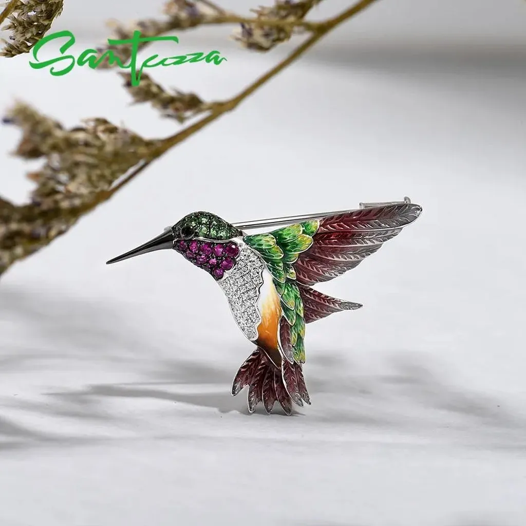SANTUZZA Silver Brooch for Women Pure 925 Sterling Silver Colorful Hummingbird Animal Trendy Fine Jewelry Handmade Enamel