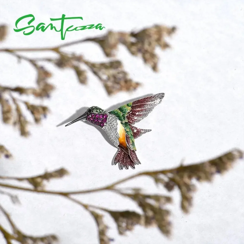 SANTUZZA Silver Brooch for Women Pure 925 Sterling Silver Colorful Hummingbird Animal Trendy Fine Jewelry Handmade Enamel