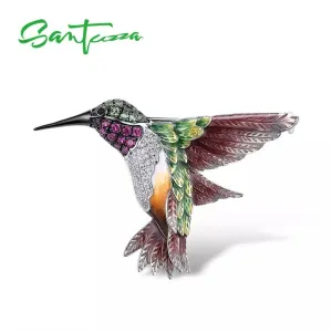 SANTUZZA Silver Brooch for Women Pure 925 Sterling Silver Colorful Hummingbird Animal Trendy Fine Jewelry Handmade Enamel