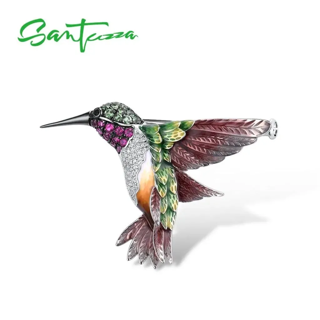 SANTUZZA Silver Brooch for Women Pure 925 Sterling Silver Colorful Hummingbird Animal Trendy Fine Jewelry Handmade Enamel