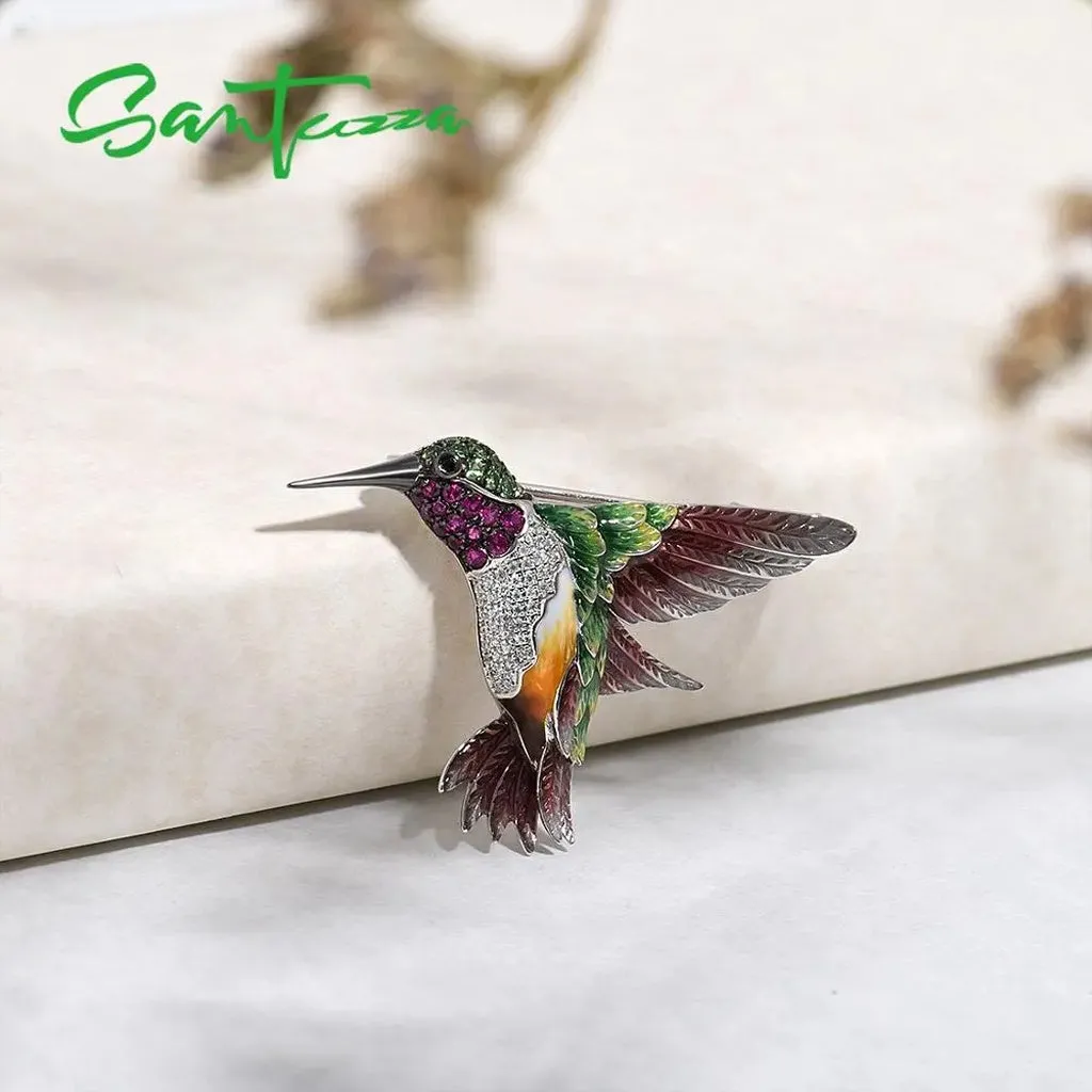SANTUZZA Silver Brooch for Women Pure 925 Sterling Silver Colorful Hummingbird Animal Trendy Fine Jewelry Handmade Enamel