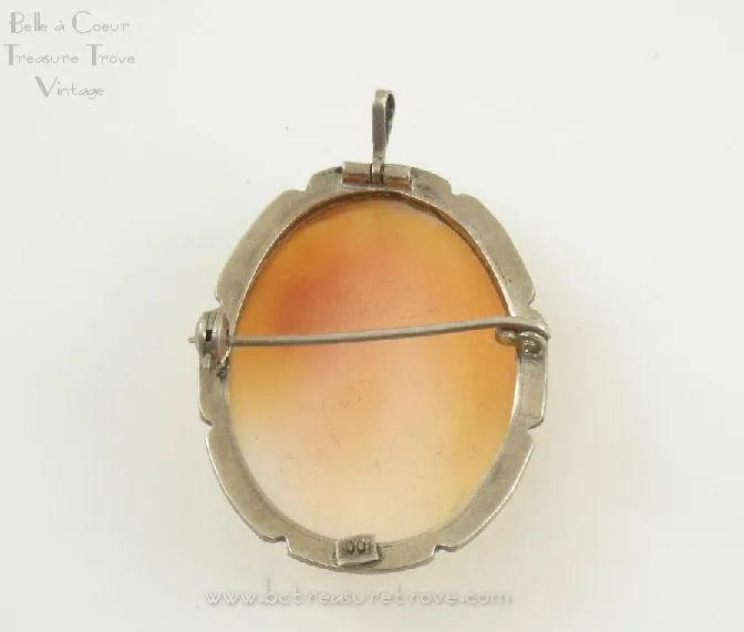 Shell Cameo Left Facing Woman 800 Silver Surrounded with Marcasite Stones