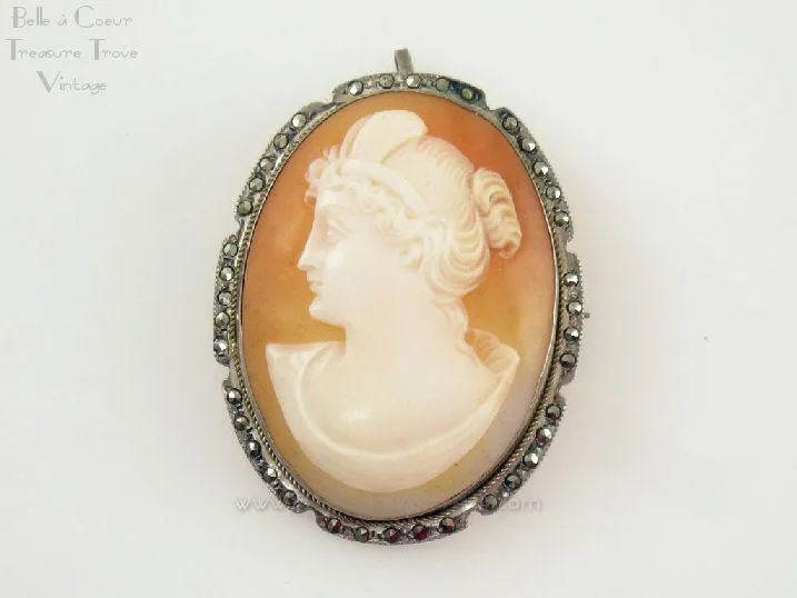 Shell Cameo Left Facing Woman 800 Silver Surrounded with Marcasite Stones