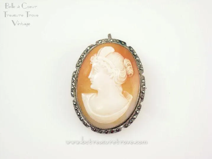 Shell Cameo Left Facing Woman 800 Silver Surrounded with Marcasite Stones