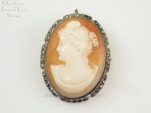 Shell Cameo Left Facing Woman 800 Silver Surrounded with Marcasite Stones
