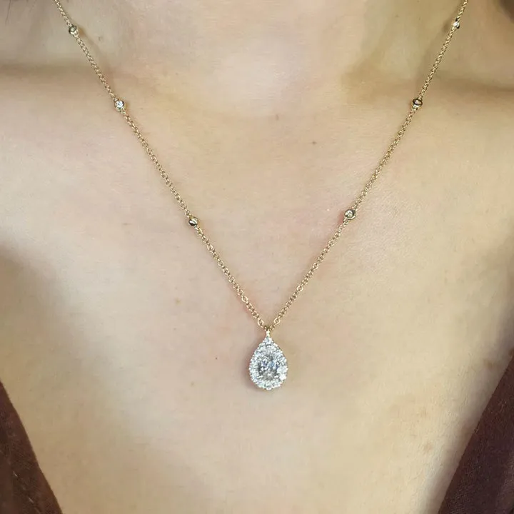 Shy Creation 14K Yellow Gold Pear Shaped Halo & Bezel Set Diamond Chain Necklace - SC22009024
