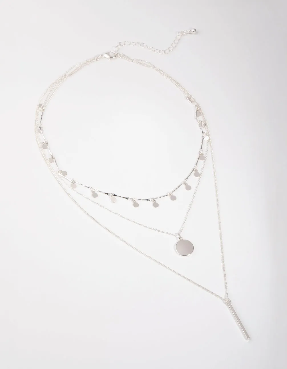 Silver Fine Drop & Bar 3-Row Necklace