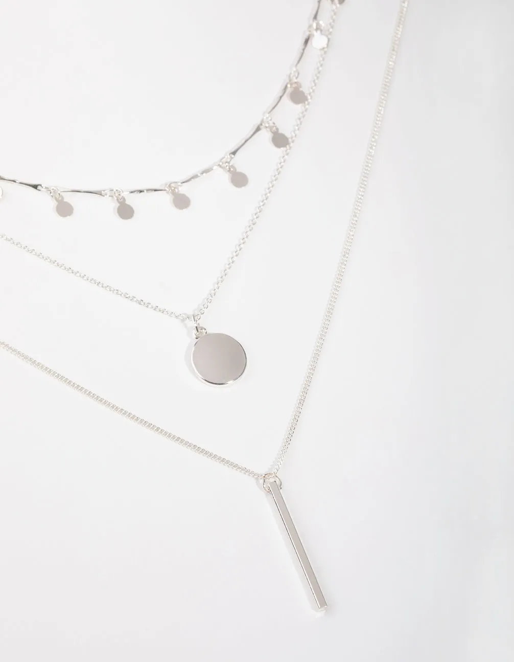 Silver Fine Drop & Bar 3-Row Necklace