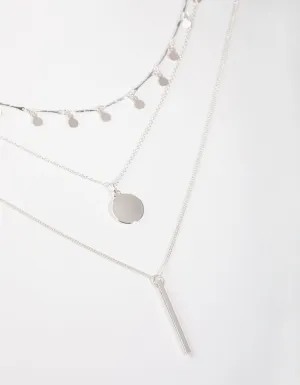 Silver Fine Drop & Bar 3-Row Necklace
