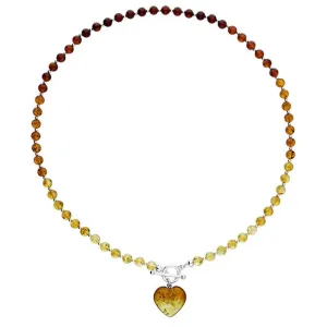 Silver Mixed Amber T-bar Heart Charm Necklace