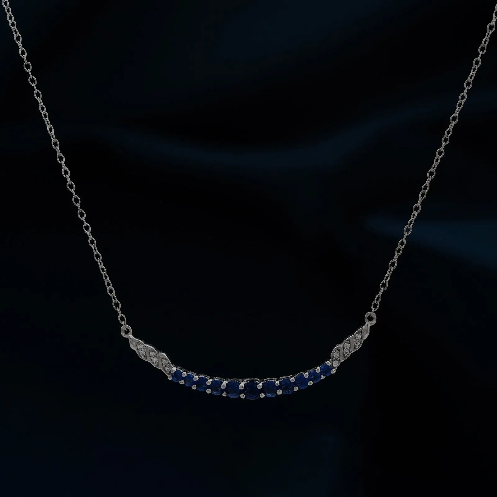 Silver Sapphire Curved Bar Necklace