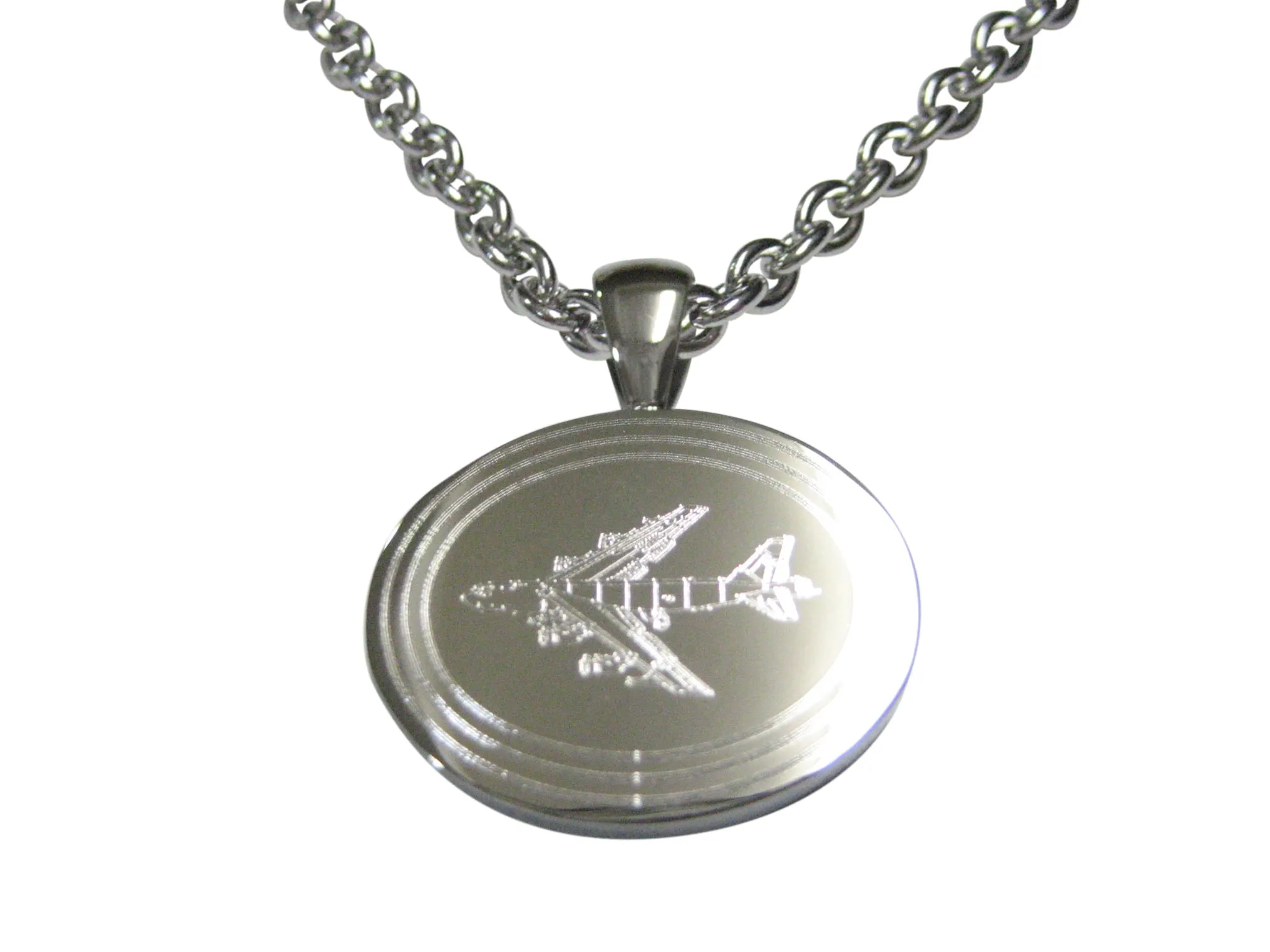 Silver Toned Etched Oval Jumbo Jet Plane Pendant Necklace