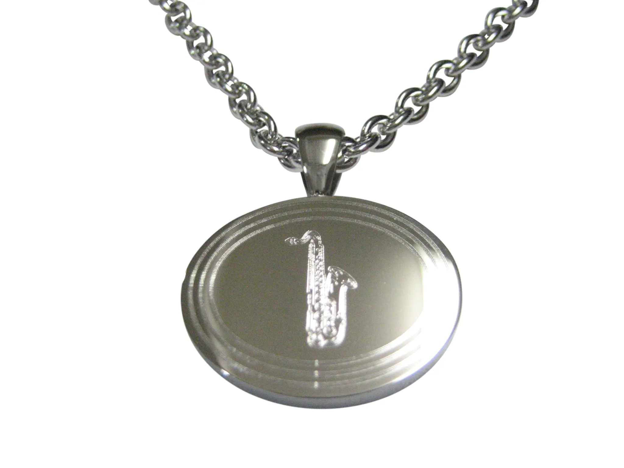 Silver Toned Etched Oval Saxophone Music Instrument Pendant Necklace
