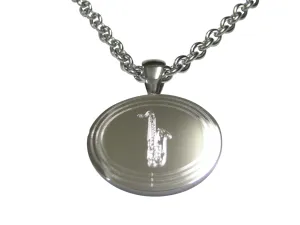 Silver Toned Etched Oval Saxophone Music Instrument Pendant Necklace
