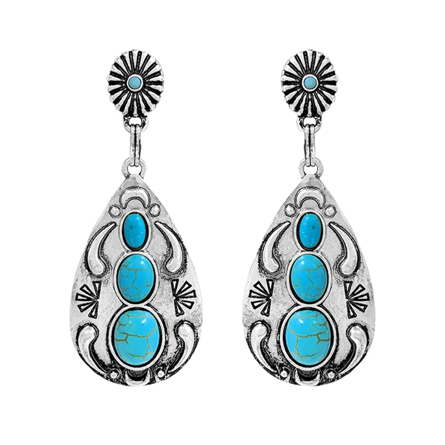 Simulated Turquoise Stone StuddedTeardrop Dangle Earrings